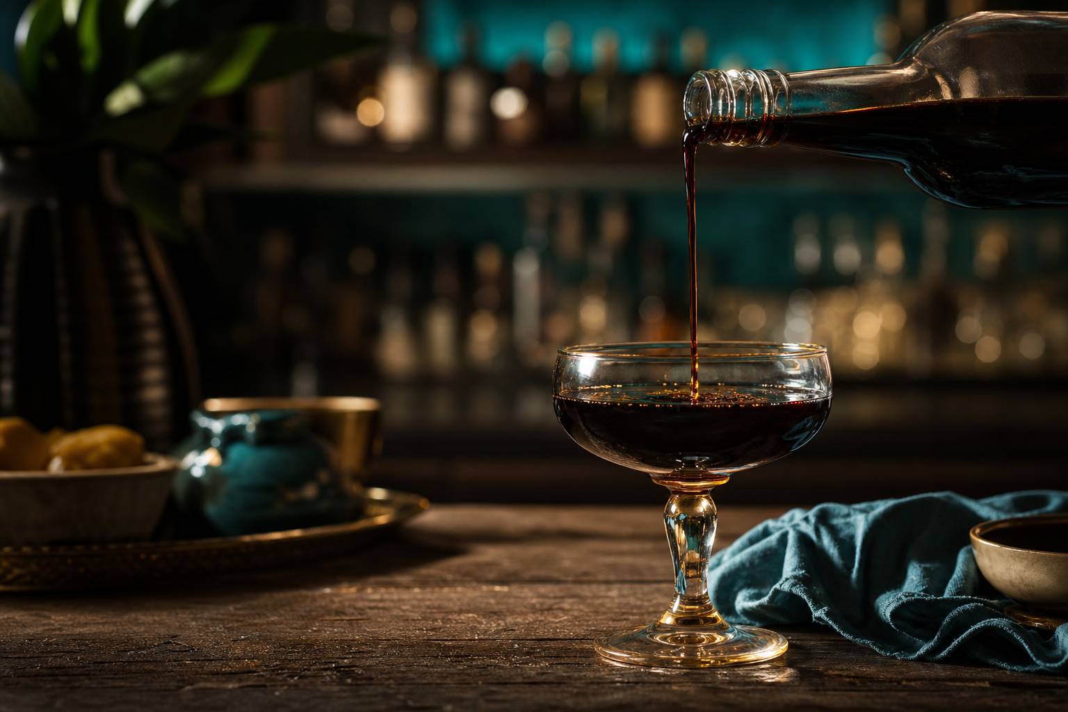 Service de rhum Blackstrap avec mélasse versée, éclairage latéral dramatique sur fond boisé