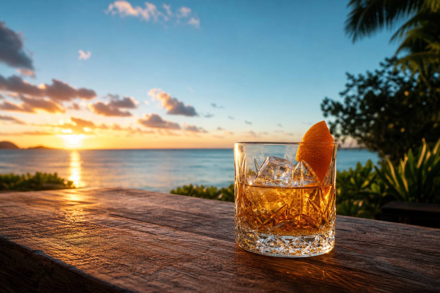 Verre old fashioned avec rhum doré gros glaçon et zeste d'orange vue sur la mer des Caraïbes
