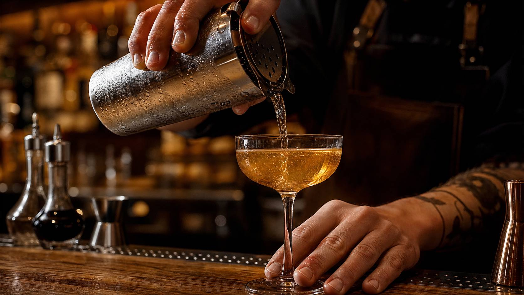 Mains utilisant un shaker cobbler pour préparer un cocktail artisanal