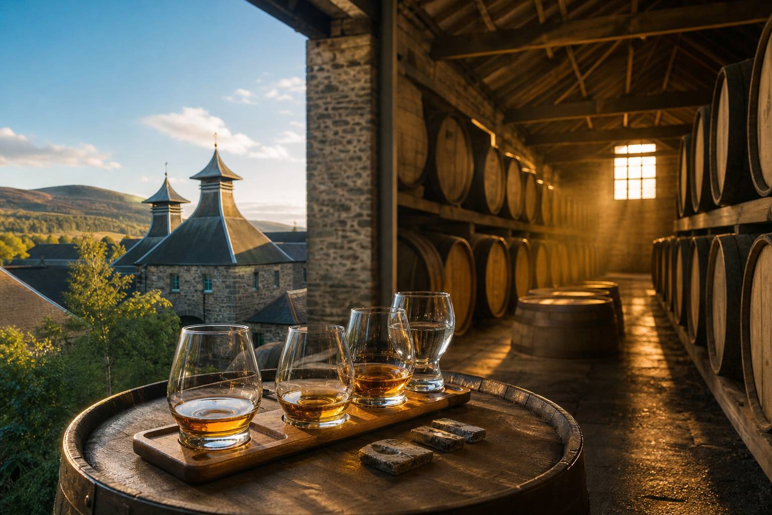 Paysage de distillerie Speyside fûts de vieillissement whisky