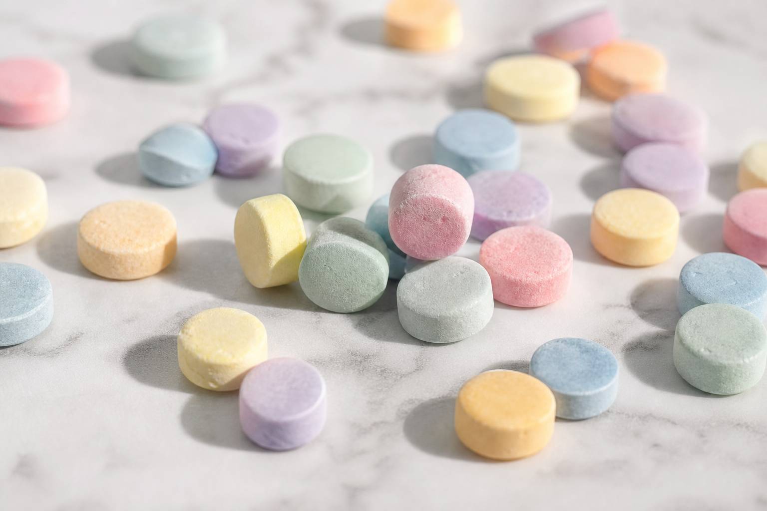 Assortiment de bonbons Sweet Tarts aux couleurs pastel sur une table en marbre blanc
