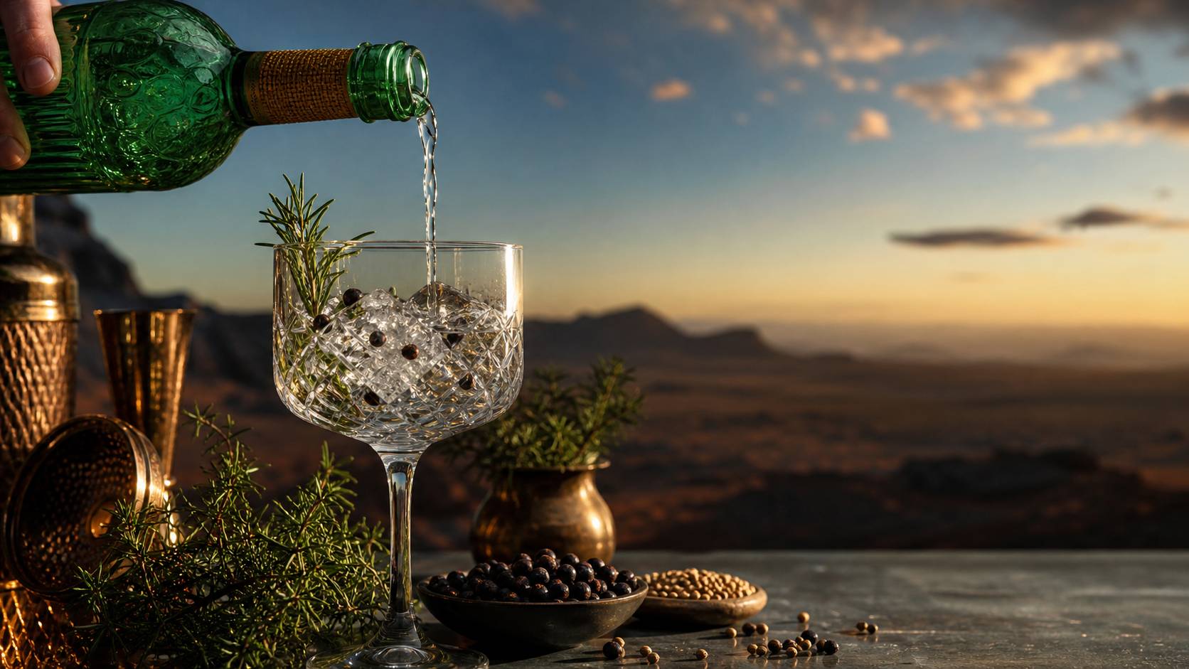Tanqueray gin versé dans un verre à cocktail entouré de baies de genévrier et coriandre fraîches