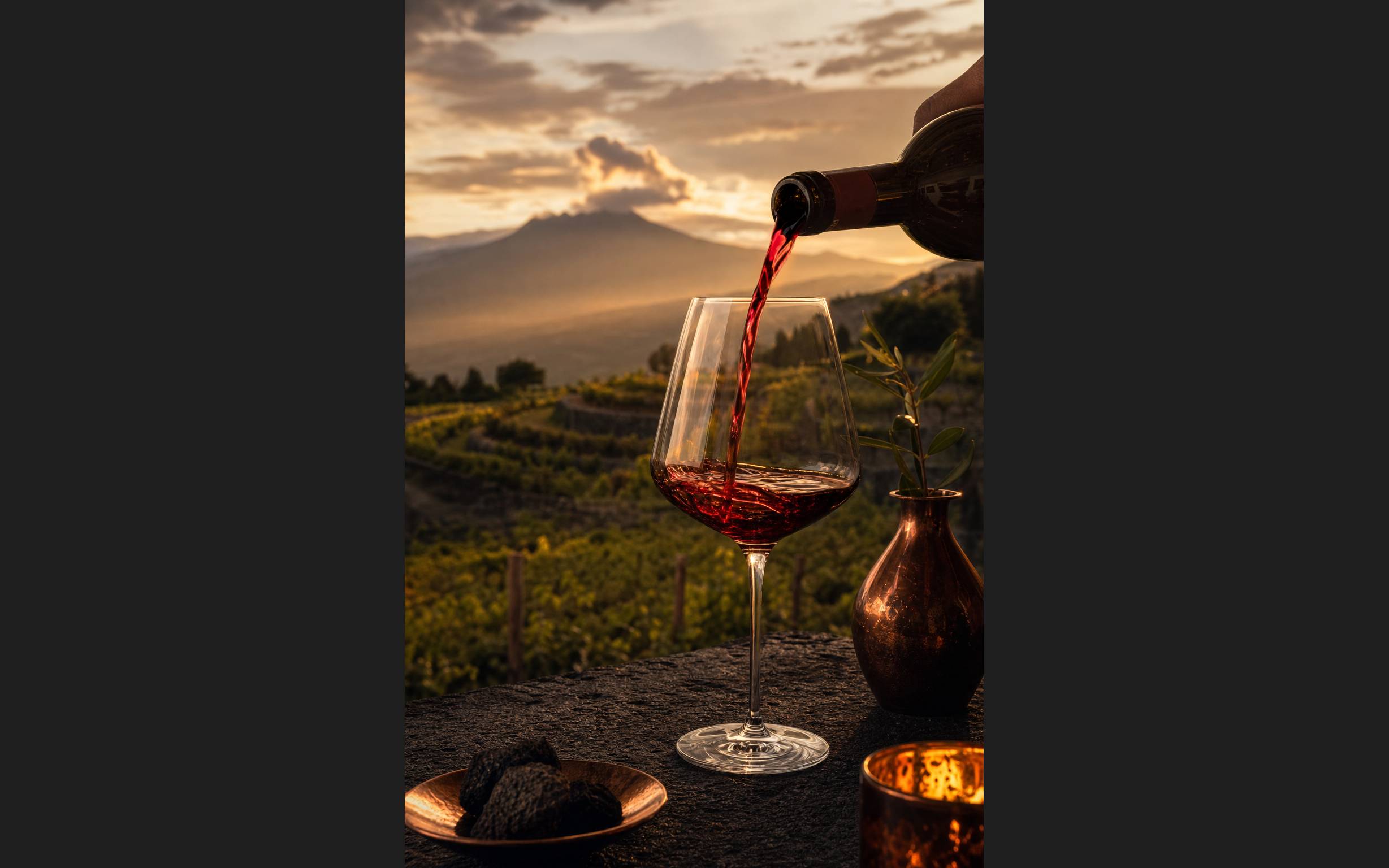 Verre d Etna Rosso a la robe rubis devant les vignobles en terrasses de l Etna