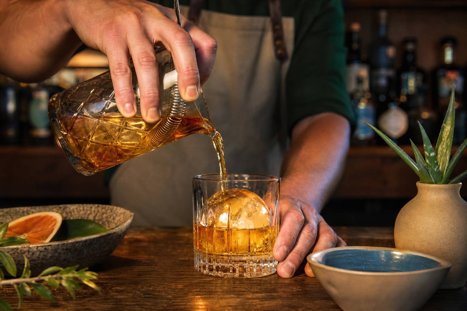 Barman versant un cocktail ambré dans un verre à whisky avec un gros glaçon, ambiance bar tamisée