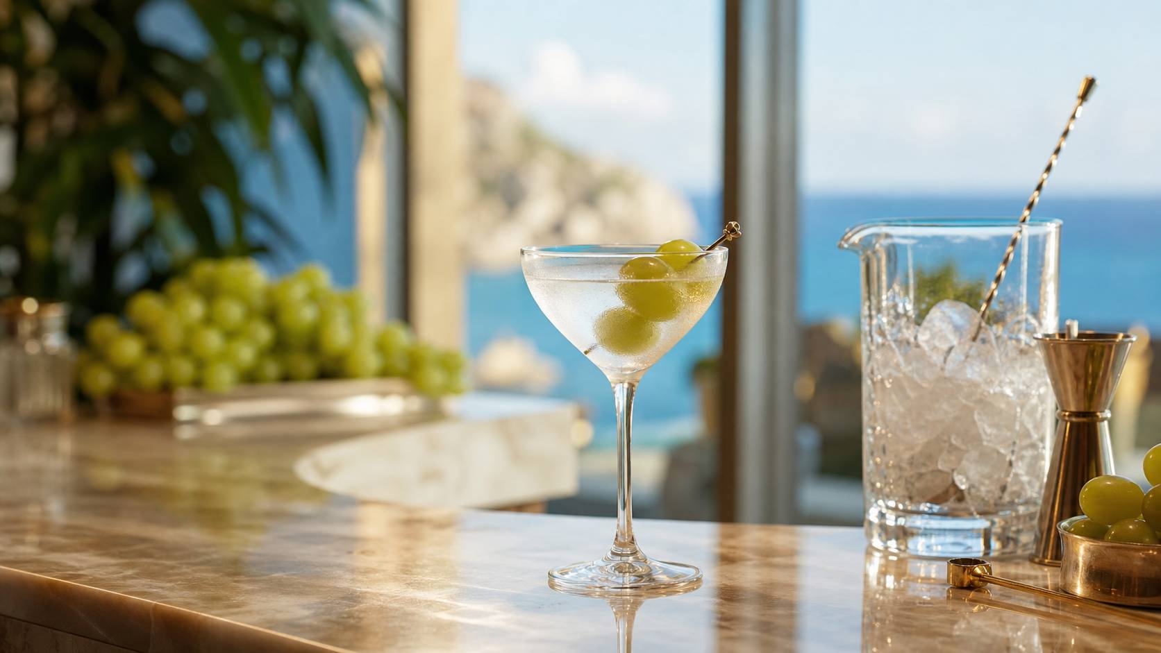 Vodka Martini dans un verre Nick and Nora avec mixing glass
