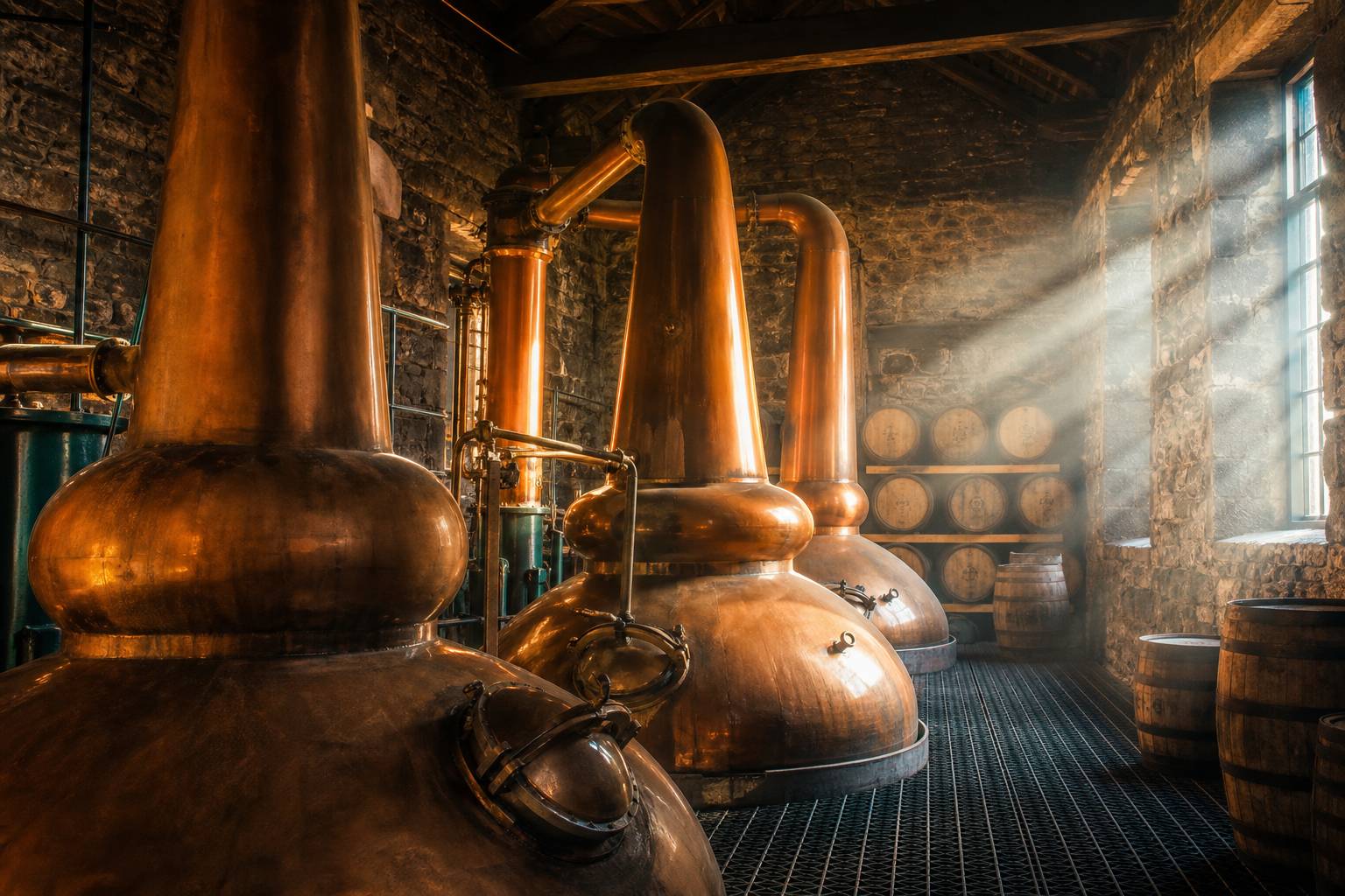 Alambic cuivre distillerie écossaise traditionnelle fûts chêne fabrication whisky single malt