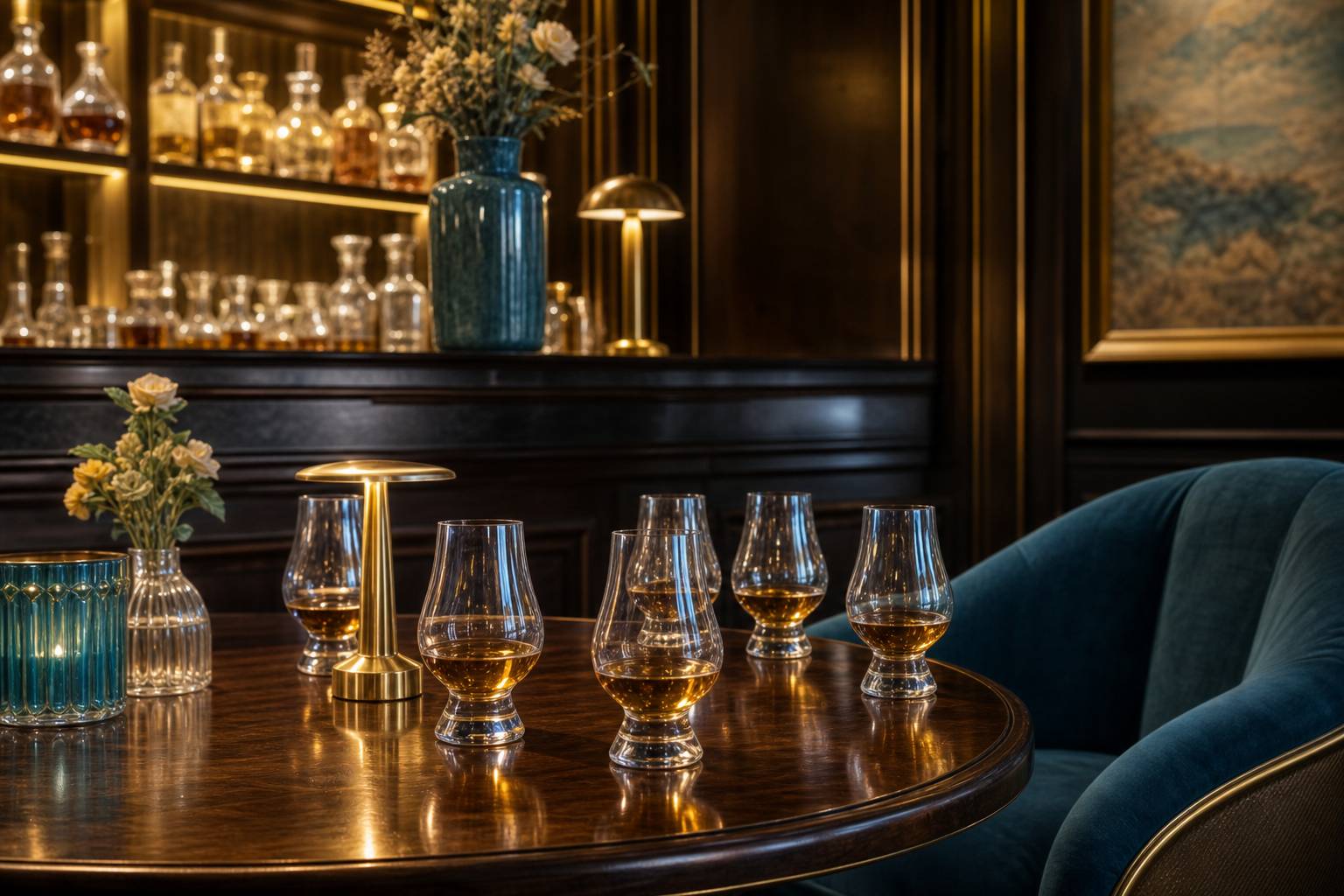 Dégustation de whisky écossais verres Glencairn ambiance feutrée
