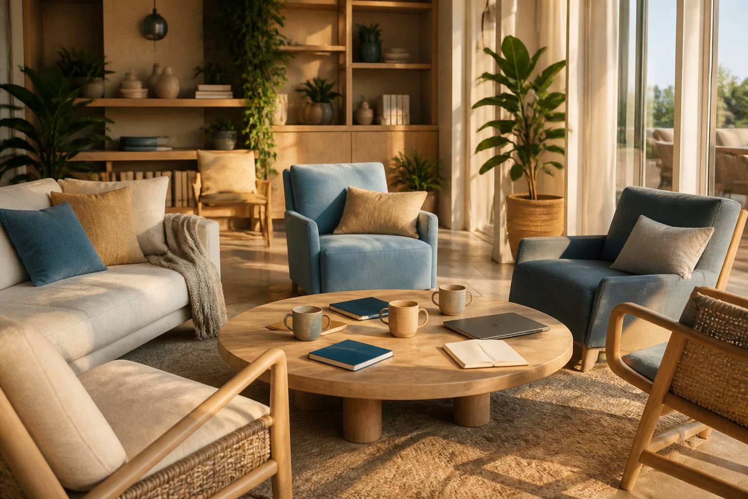 Canapé et fauteuils en cercle avec carnets et tasses sur une table basse