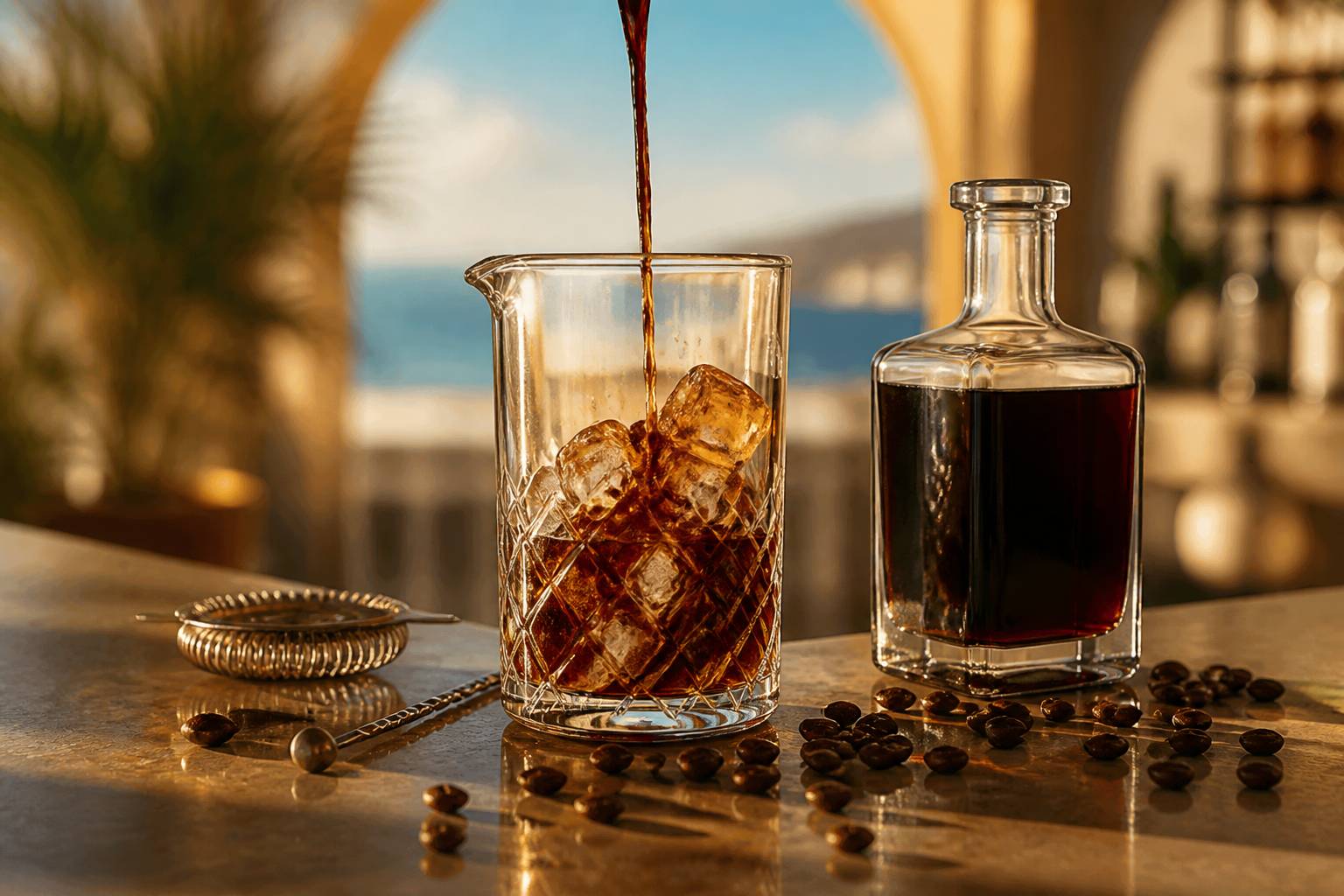 Espresso versé sur glaçons avec liqueur de café et grains torréfiés