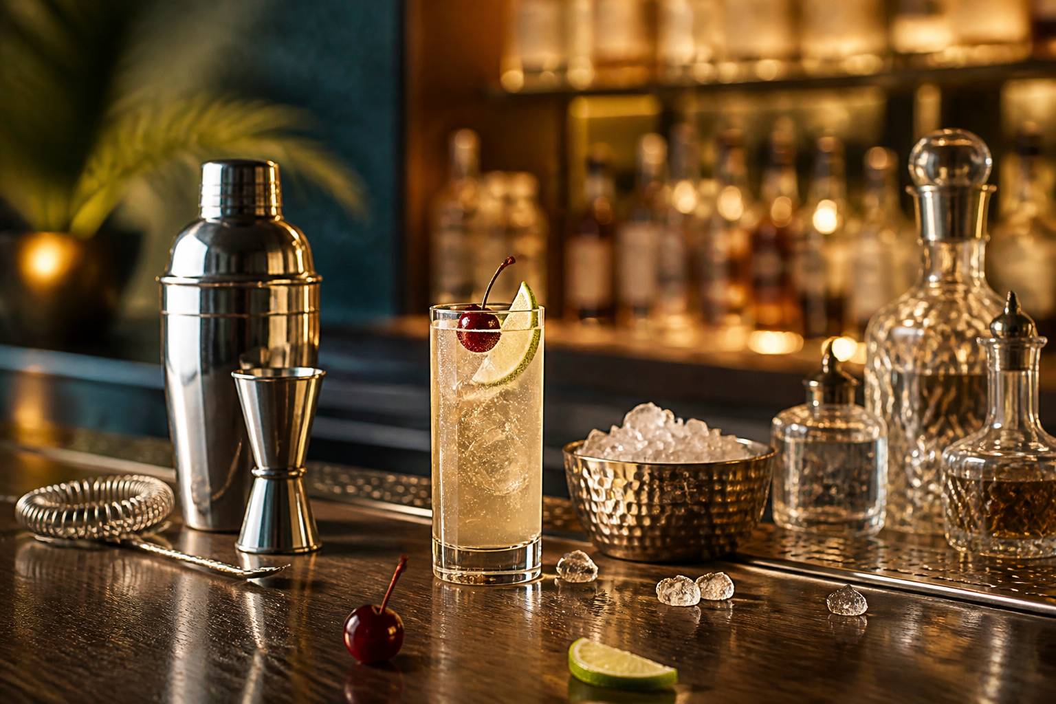 Shaker et jigger sur un comptoir de bar avec un verre Collins garni de cerise