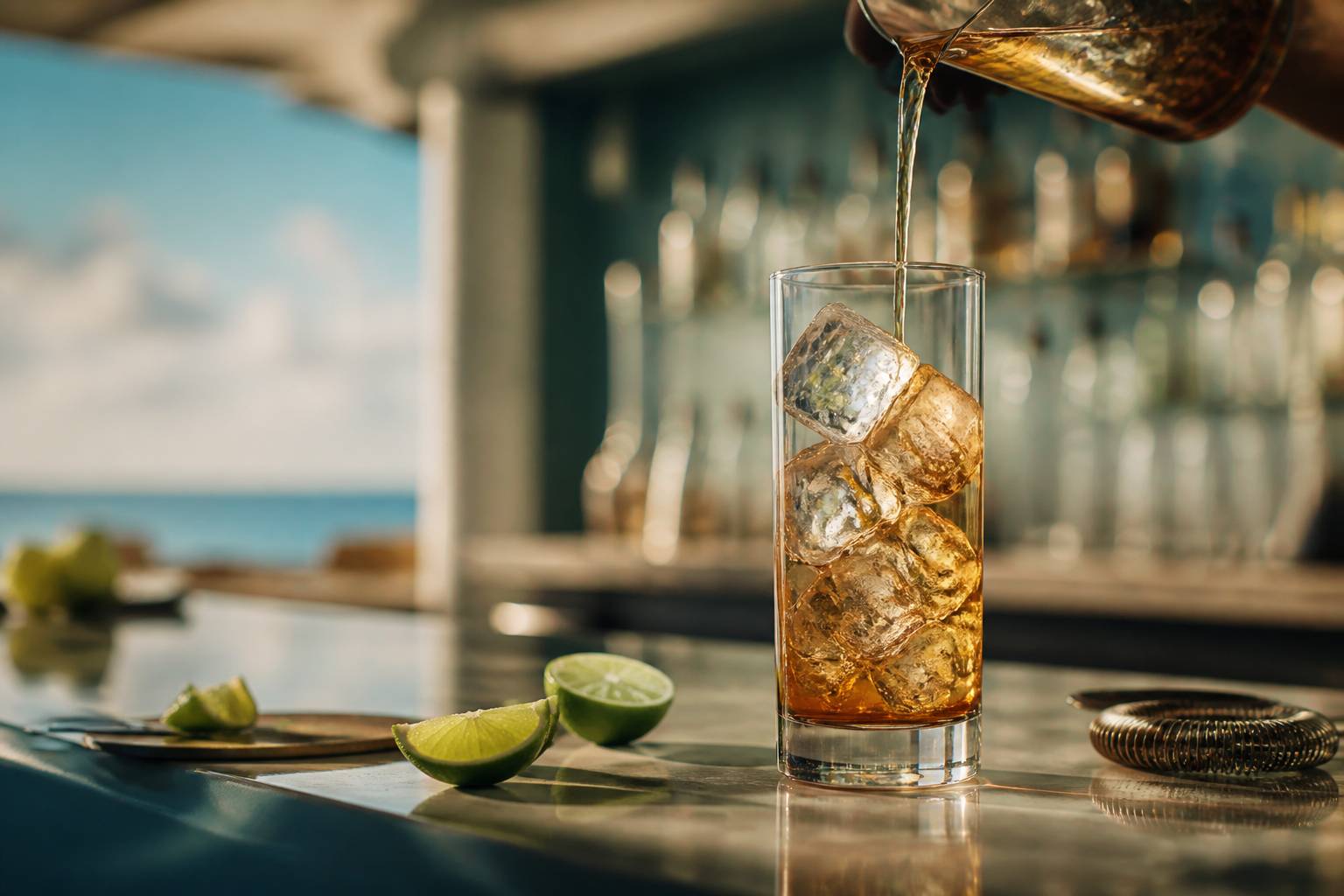 Barman versant du rhum ambré sur des glaçons dans un verre Collins