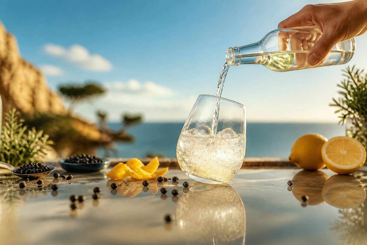 Préparation d'un tonic avec glaçons et zest de citron