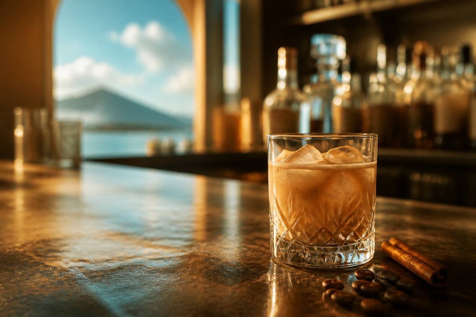 Verre de crème de rhum avec glaçons, grains de café et cannelle