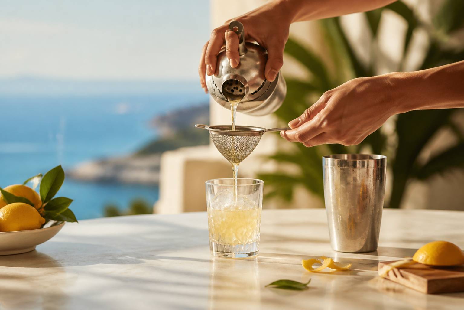 Mains versant un cocktail avec une passoire fine et des glaçons