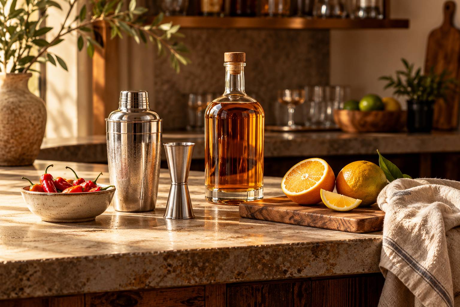Shaker, doseur et agrumes disposes pour preparer un cocktail