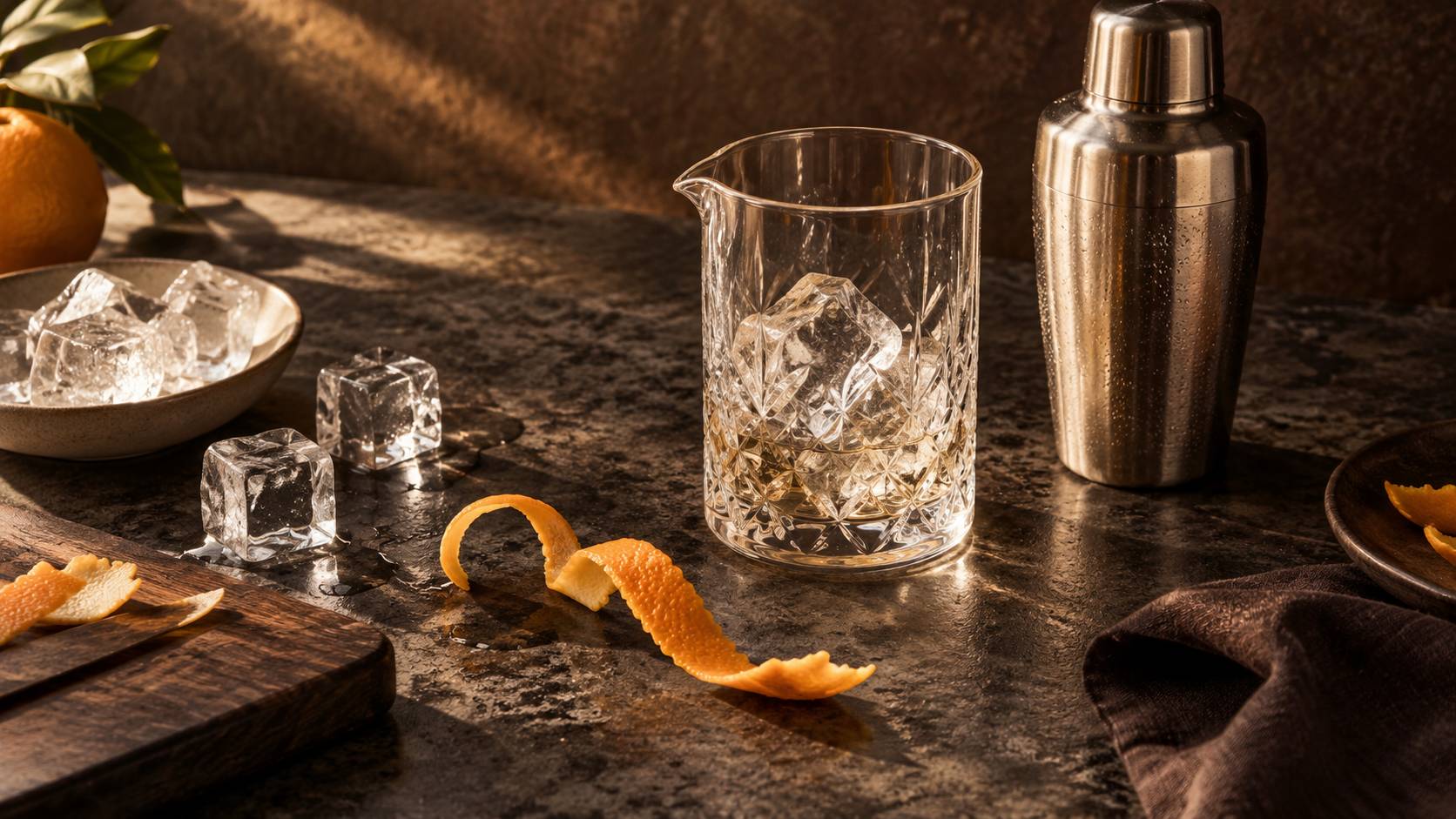 Plan de bar avec verre a melange zeste et glacons